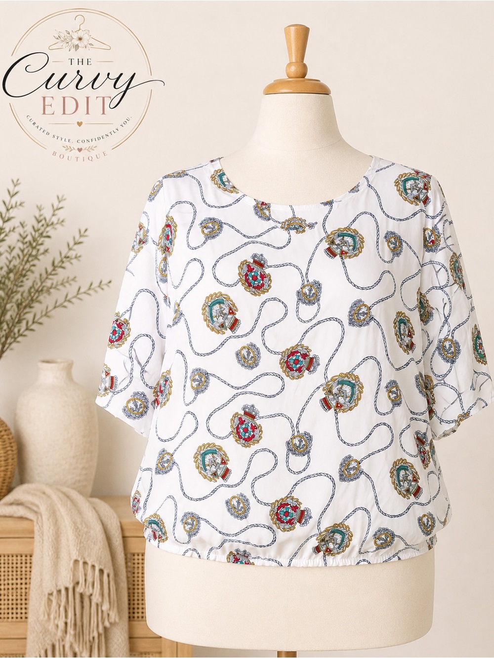 Adrian Jordan EST Women’s XL/1X White Nautical Print Rayon Look Blouse Top Chic
